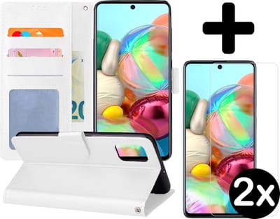 Hoesje - Met 2x Screenprotector - Geschikt voor Samsung Galaxy A71 - Luxe Pasjeshouder - Flip Case - Bookcase Portemonee - Kunstleer Book Case - Flipcase Hoes - Book Cover - Walletcase - Portemonneehoes - Telefoonhoes - Wit