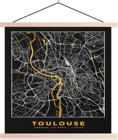 Posterhanger incl. Poster 40x40 cm - Schoolplaat - Toulouse - Plattegrond – Stadskaart – Frankrijk - Kaart - Textielposter - Blanke latten - Stadskaart