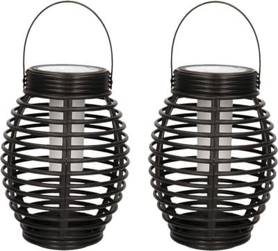 5x Zwarte ronde solar lantaarns met vlam effect 19 cm - Tuinverlichting - Tuinlampen - Solarlampen op zonne-energie
