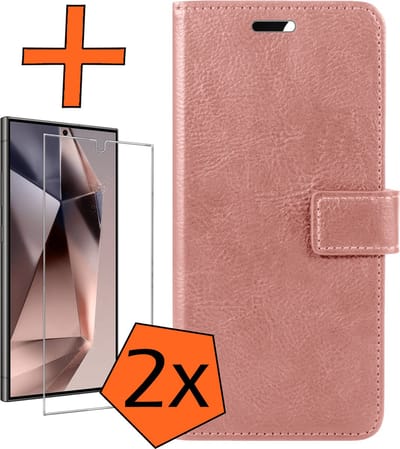Hoes - Met 2x Screenprotector - Geschikt voor Samsung Galaxy S24 Ultra - Luxe Pasjeshouder - Bookcase Portemonee - Flip Case - Kunstleer Book Case - Flipcase Hoes - Book Cover - Walletcase - PortemonneeHoes - Rosé goud