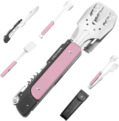14 Inch 6-in-1 Vouwbare Grill Gereedschappen Set met Vork, Spatel, Grillmes en Tang voor Barbecue en Kamperen (Roze)