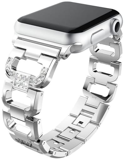 RVS bandje met glitterstenen - geschikt voor Apple Watch 1/2/3/4/5/6/7/8/9/10/11/ SE (1,2,3) met maat 38 mm / 40 mm / 41 mm en 42 mm (Watch 10/11) - stalen band met kliksluiting - zilver