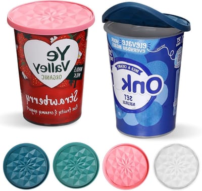 Set van 4 Herbruikbare Siliconen Lids voor Yoghurtbekers, Geschikt voor Grote Bekers en Schalen, Lekvrij en Multifunctioneel