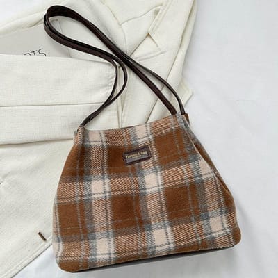 Wollen Ruitjes Tas voor Dames in Herfst en Winter Nieuwe Retro Studenten Tote Bag Casual Grote Capaciteit Enkele Schouder Onderarm Tas gray