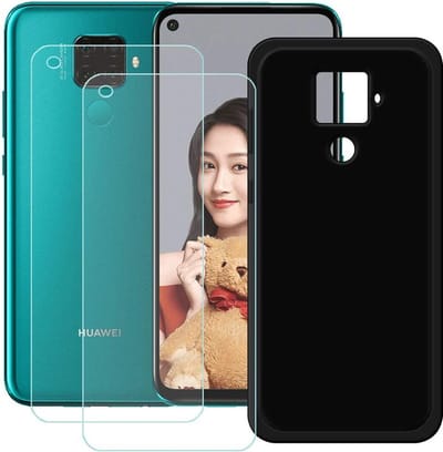 Teelfoonhoesje Geschikt voor: Huawei Mate 30 Lite Hoesje - Soft TPU Siliconen Case & 2X Tempered Glas Combi - Zwart