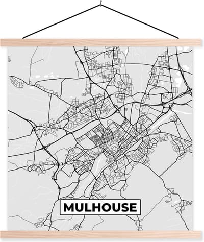 Posterhanger incl. Poster 40x40 cm - Schoolplaat - Plattegrond - Kaart - Stadskaart - Frankrijk - Mulhouse - Textielposter - Blanke latten - Stadskaart