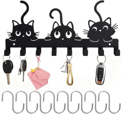 Dailygoods - Sleutelrek modern met 8 haken, sleutelhouder, wanddecoratie, sleutelrek zwart met kattenkunstpatroon, sleutelhouder voor hal, woning, woonkamer en keuken