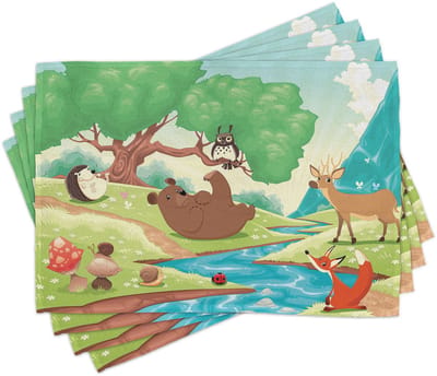 ABAKUHAUS Egel-tafelmatjes, cartoonlandschap en bosdieren: lieveheersbeestjes, slakken, beer, vos, rendier en paddenstoelen; tafeldecoratie van kleurvaste stoffen voor de eetkamer en de keuken, veelkleurig