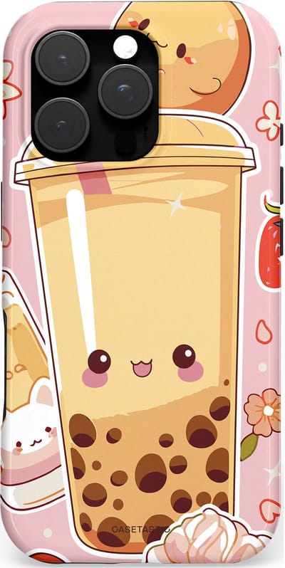 Casetastic hoesje geschikt voor Apple iPhone 16 Pro - MagSafe - Dubbellaagse bescherming - Kawaii Thee Design - Bubble Tea - Fashion Case - Lichtroze Beige Perzik Lichtgrijs