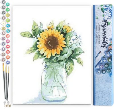 Figured'Art Schilderen op Nummer Volwassenen canvas Fles Zonnebloemen - Handwerk acrylverf Kit DIY Compleet - 40x50cm zonder frame