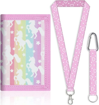 Dailygoods- Portemonnee voor Meisjes - Eenhoorn Patroon - Draagbaar - Drievoudig Opvouwbaar - 12,3 x 8 cm - Inclusief Nekkoord - Kindertasje