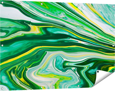 Gards Tuinposter Abstracte Kunst - Groen met Gele Verf - 120x80 cm - Tuindoek - Tuindecoratie - Wanddecoratie buiten - Tuinschilderij