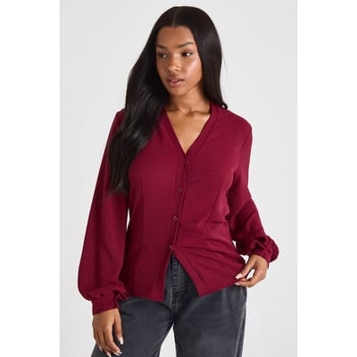 boohoo Dames Gehammerde blouse met volumemouwen en getailleerde pasvorm | Wine | Maat: 6