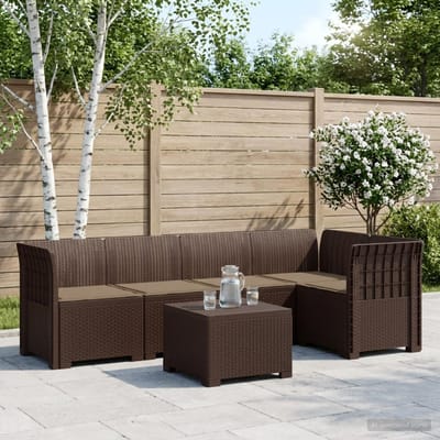 vidaXL - 5-Zits - Tuinbank - met - Kussens - Rattanlook - PP - Bruin