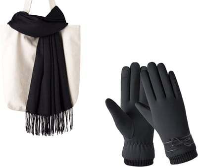 Winterset Zwart - Zwarte Sjaal 200*70cm + Zwarte Handschoenen Maat M