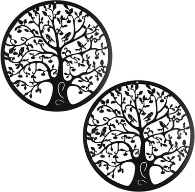 Dailygoods- Levensboom Muurkunst - Zwart Metalen Wanddecoratie - Tuinornament met Vogels - Duurzaam IJzer - 28 x 28 cm - Hoogwaardige Afwerking