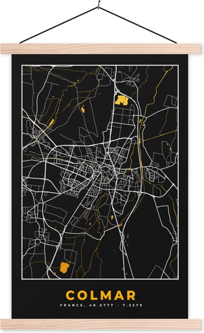 Posterhanger incl. Poster 40x60 cm - Schoolplaat - Stadskaart – Frankrijk – Kaart – Colmar – Plattegrond - Textielposter - Blanke latten - Stadskaart