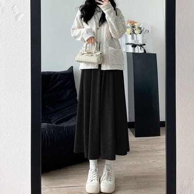 Zware Kleefrijst Rok voor Dames In Lente en Herfst Nieuwe High-waisted A-lijn Slanke Rok met Drapering Midi-lengte Rok L gray