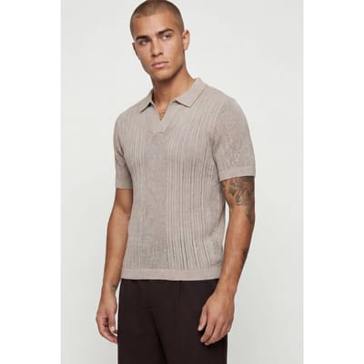 Boxy Fit V Neck Open Rib Knitted Polo T-Shirt | Taupe | Size Large