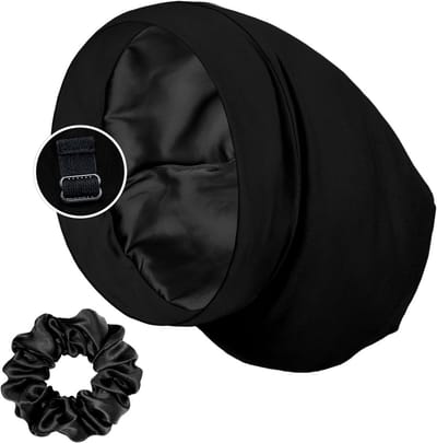 Satijnen Slaapmuts met Scrunchie: Bescherming tegen Pluis en Vocht voor Krullend Haar en Vlechten (Verstelbaar)