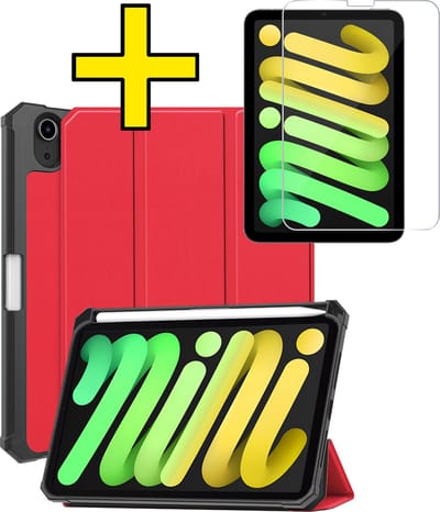 Hoes - Geschikt voor Apple iPad Mini 7 (2024) - 8.3 inch - 7e Generatie - Met Screenprotector - Trifold Bookcase - Hard Cover Case - Met Uitsparing Geschikt voor Apple Pencil - Hardcover Book - Tablet Hoesje - Rood
