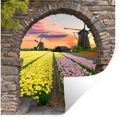 Muurstickers - Sticker Folie - Tulpen - Bloemen - Molen - Doorkijk - 100x100 cm - Plakfolie - Muurstickers Kinderkamer - Zelfklevend Behang XXL - Zelfklevend behangpapier - Stickerfolie