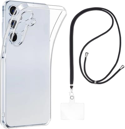 Set met hoesje en nekband voor Samsung Galaxy s25 plus - Flexibele, transparante TPU-bescherming, verstelbare universele nekband voor mobiele telefoons, zwarte nekband, transparante draagriem van Phonillico®