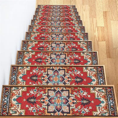 20*76CM Tapijt Traptreden Antislip Trapmatten Verwijderbaar Traptapijt 4-pack Veilige traptredebescherming Geschikt voor kinderen, ouderen en huisdieren - Roodbruine symmetrie