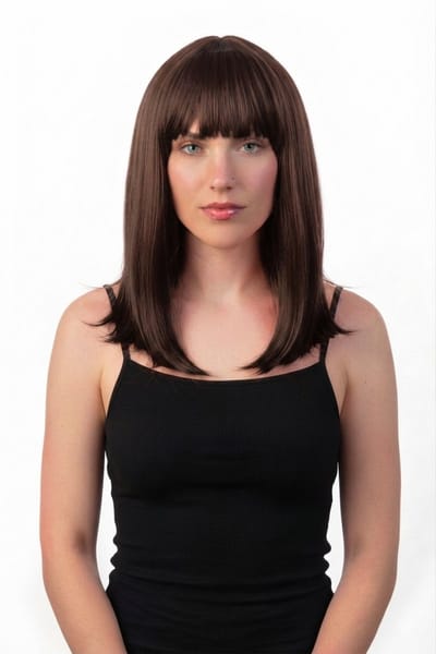 KIMU® Luxe Donkerbruine Pruik Schouderlengte - Haarwerk Stijl Pony - Donkerbruin Bruin Bruine Brunette Festival