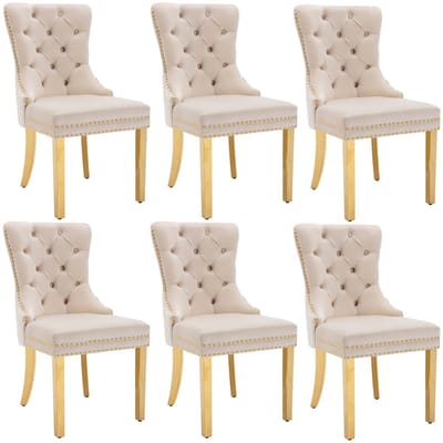 YEHTOKHOME Set van 6 Fluwelen eetkamerstoelen, Keukenstoel woonkamerstoel met deurklopper, Gestoffeerde stoel met klinknagels, Eetkamerstoel in vintage stijl, Gouden metalen poten, Beige, b 51 x d 65.5 x h 95 cm