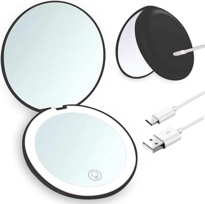 Make-upspiegel - Make-up spiegel, tweezijdig - Make up spiegel met verlichting - LED - 10X vergroting - Kleine dimbare verlichte spiegel - Geschikt voor handtassen -Zwart