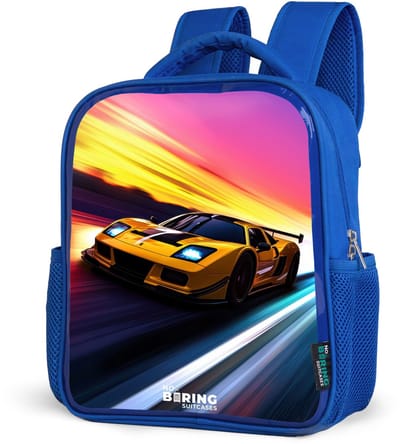 NoBoringSuitcases.com® - Rugzak blauw - Schooltas jongens - Gele raceauto bij kleurrijke zonsondergang - Kinder rugtas jongen - Boekentas kind - Kinderrugzak voor school - Schoolrugzak