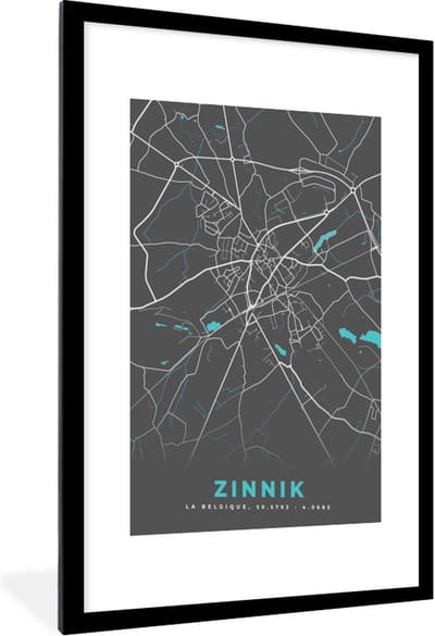 Fotolijst incl. Poster - België – Zinnik – Stadskaart – Kaart – Blauw – Plattegrond - 60x90 cm - Posterlijst