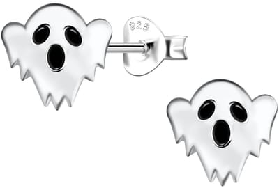 Joy|S - Zilveren spook oorbellen - 8 mm - sterling zilver 925 met zwarte accentjes - kinderoorbellen - halloween oorknoppen