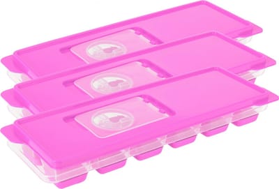 Excellent Houseware ijsklontjes tray - Set van 3x stuks - ijsblokjes vormpjes - 12 vakjes - kunststof - roze - met afsluitdeksel