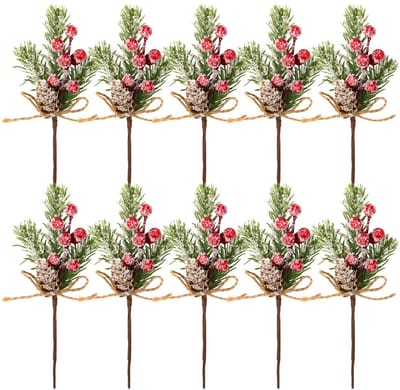Dailygoods- Kerstdecoratie 10 Stuks - Kunstdennentakken - Bessentak met Rode Bessen - Dennenappels - Veelkleurig - 20 cm Lang - Kersttakken