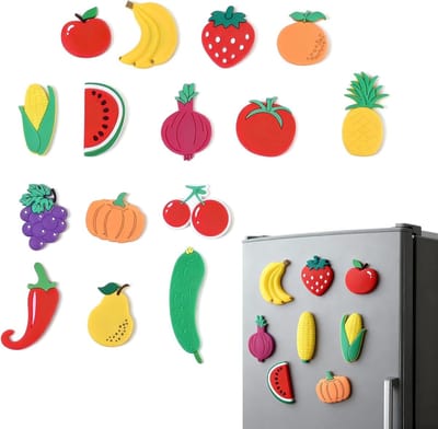Kleurrijke 15-delige set fruit- en groentemagneten voor koelkast en whiteboard, decoratief en leuk voor keuken en klaslokaal