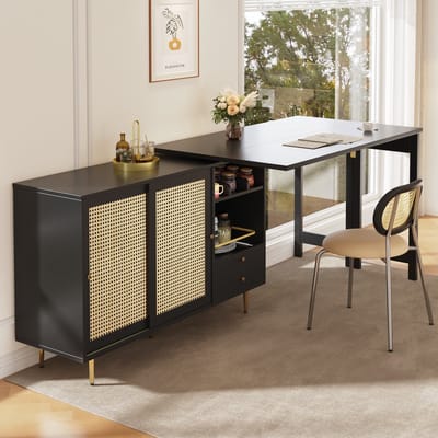 Wishdor - Draaibare bartafel - Uitschuifbaar ontwerp - Opbergruimte met lade en open vakken - Retro uitstraling - Keuken en eetkamer - Houtlook en metaal - Zwart - 187 cm