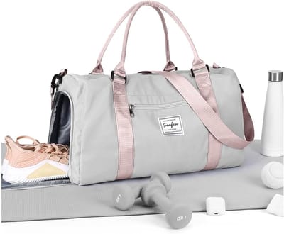 Thijox - Sporttas Dames Heren - Fitness Tas met Schoenenvak en Droge/Natte Compartimenten - Trainingstas Weekendtas - Grijs Roze - Ruime Duffel Reista