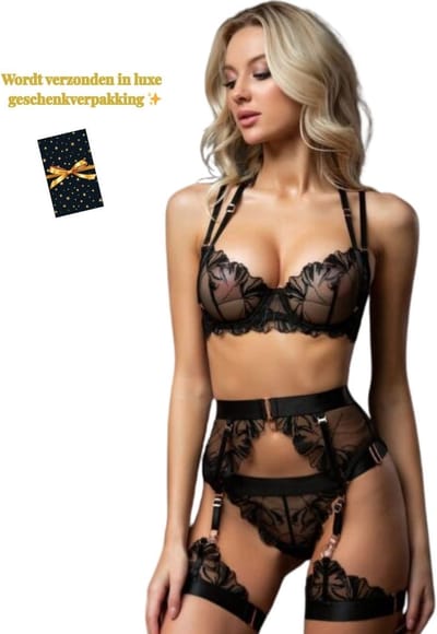 Luxe Lingerieset Dames – Sexy Lingerie – Erotische Lingerie Set – 4-delige Jarretelset – Zwart Kant – Beugel BH – High Waist Lingerie – Boudoir Set – Chique – High End – Madam Hommard – Exclusief – Cadeau Set – Dare to Undress – XS, S, M, L