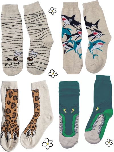 Nature Planet set van 4 spannende kindersokken, haai, krokodil, mummie en luipaard (100% Oeko-tex gecertificeerd), maat 19-22