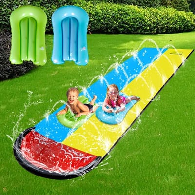 Unyqoos® Extra Lange Opblaasbare Waterglijbaan met Dubbele Schuif en Bodyboards voor Buitenplezier