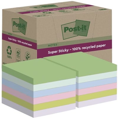 Post-it® Sticky Notes Super Sticky Recycling Notes RSS12COL, B 76 x D 76 mm, PEFC® papier, gekleurd, 12 pads, 70 vellen/pad