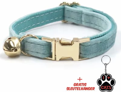 SilverAndCoco® - Groen / Blauwe Katten Halsband met Bel met Gratis Sleutelhanger | Velvet Kat Kitten Bandje met belletje | Kattenhalsband Suède Gouden | Kleding Decoratie Poezen | Kattenbandje Huisdier Poes - Blauw / Goud