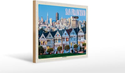 Holzschild Reise 40x30cm San Francisco USA Victorian Houses