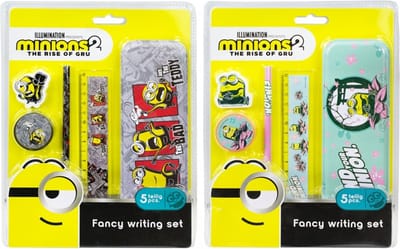 Minions - The Rise of Gru - Schrijf Set - 5 Delig - Diverse Kleuren - Gum,Potlood,puntenslijper,lineaal en Etui/ bewaarblik Kado Tip !!