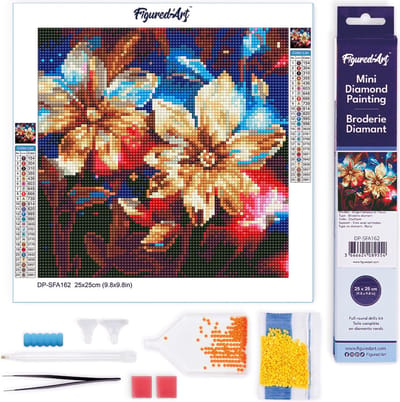 Figured'Art Mini Diamond Painting set Volwassenen 25x25 cm Glinsterende Gouden Bloemen - 5D DIY Art full drill ronde diamant - Opgerold canvas