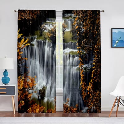 Waterval met Natuurlandschap Thema Bos Rivier Transparante Gordijnen voor Woonkamer Slaapkamer Decor Voile Tule Gordijn Raam Draperie 1 PCS W100XH250cm&Grommet Top