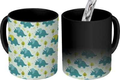 Magische Mok - Foto op Warmte Mokken - Koffiemok - Triceratop - Blauw - Stippen - Boompjes - Magic Mok - Beker - 350 ML - Theemok