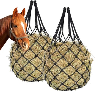 2 Slow Feed Hooizakken - Paardenhooinet, Duurzame Mand met Bevestigingsringen, Overloopfittingen, Ophangrek voor Snacks | Geschikt voor schapen, pluimvee, veehouderij en stalbeheer